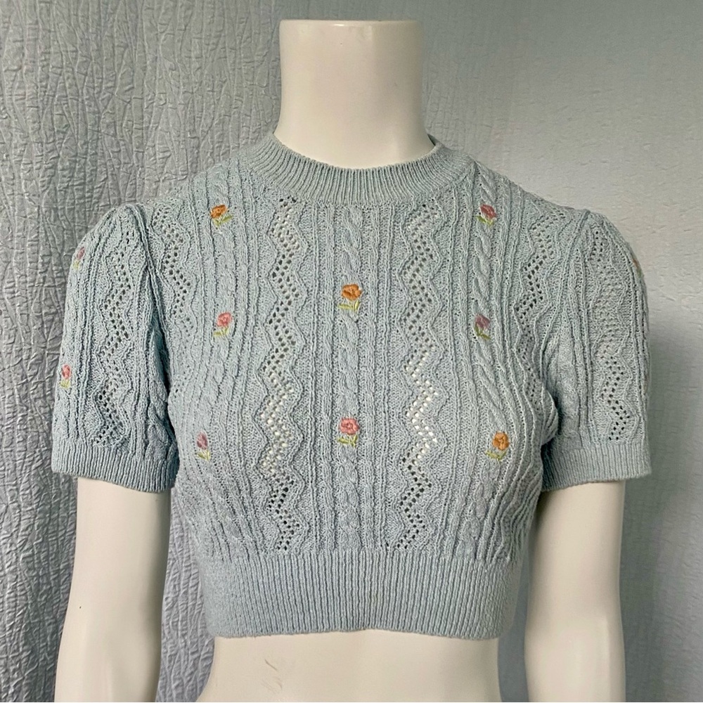 Zara Soft Blue Knit  embroidered Crop Short Sleeve Sweater Top